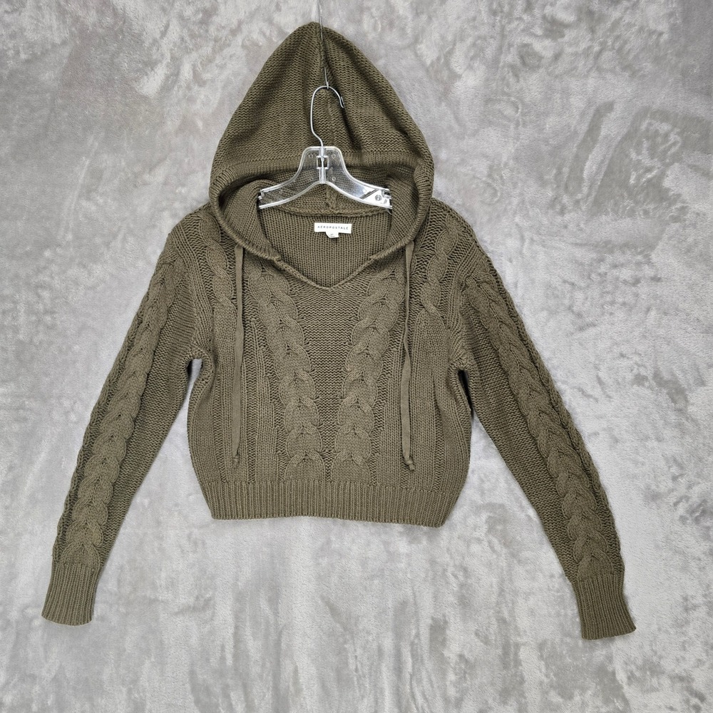 Aeropostale Sweater Hoodie Women XS Olive Green Cable Knit Cropped Rustic Layer